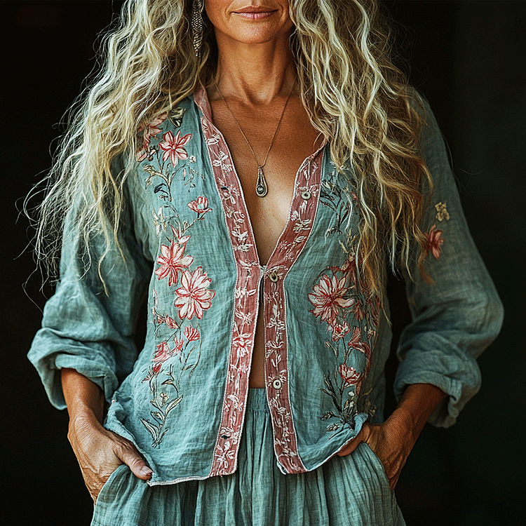 Bohemian Linen Floral Art Print  Long Sleeve Shirt