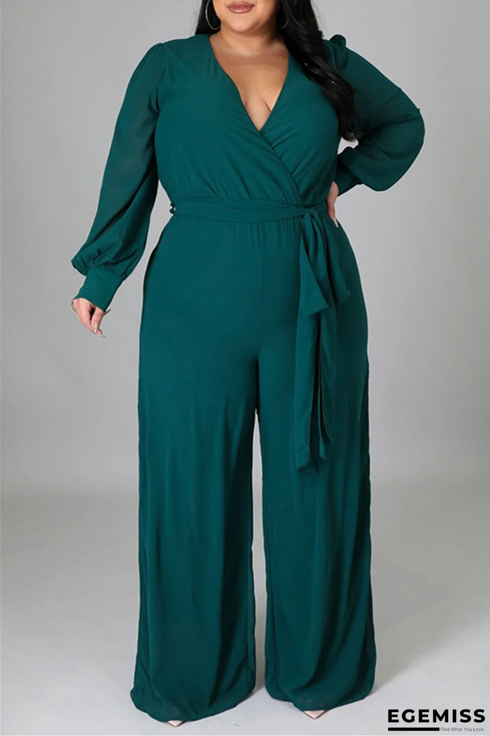 Green Fashion Casual Solid Bandage V Neck Plus Size Jumpsuits | EGEMISS