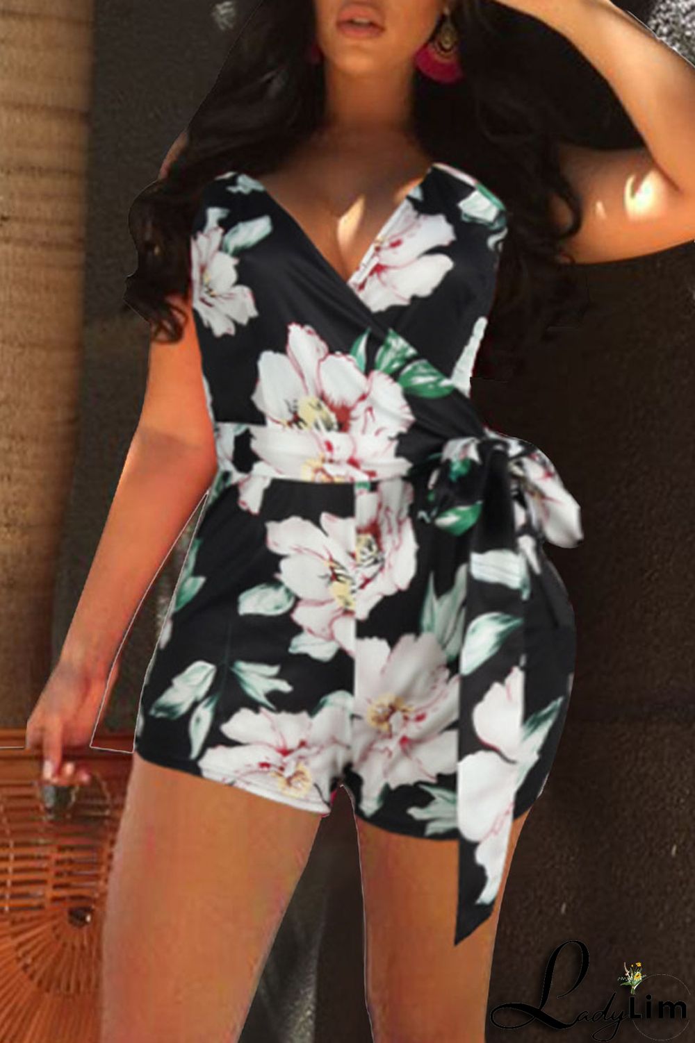 Black White Casual Print Patchwork Backless Regular Jumpsuits