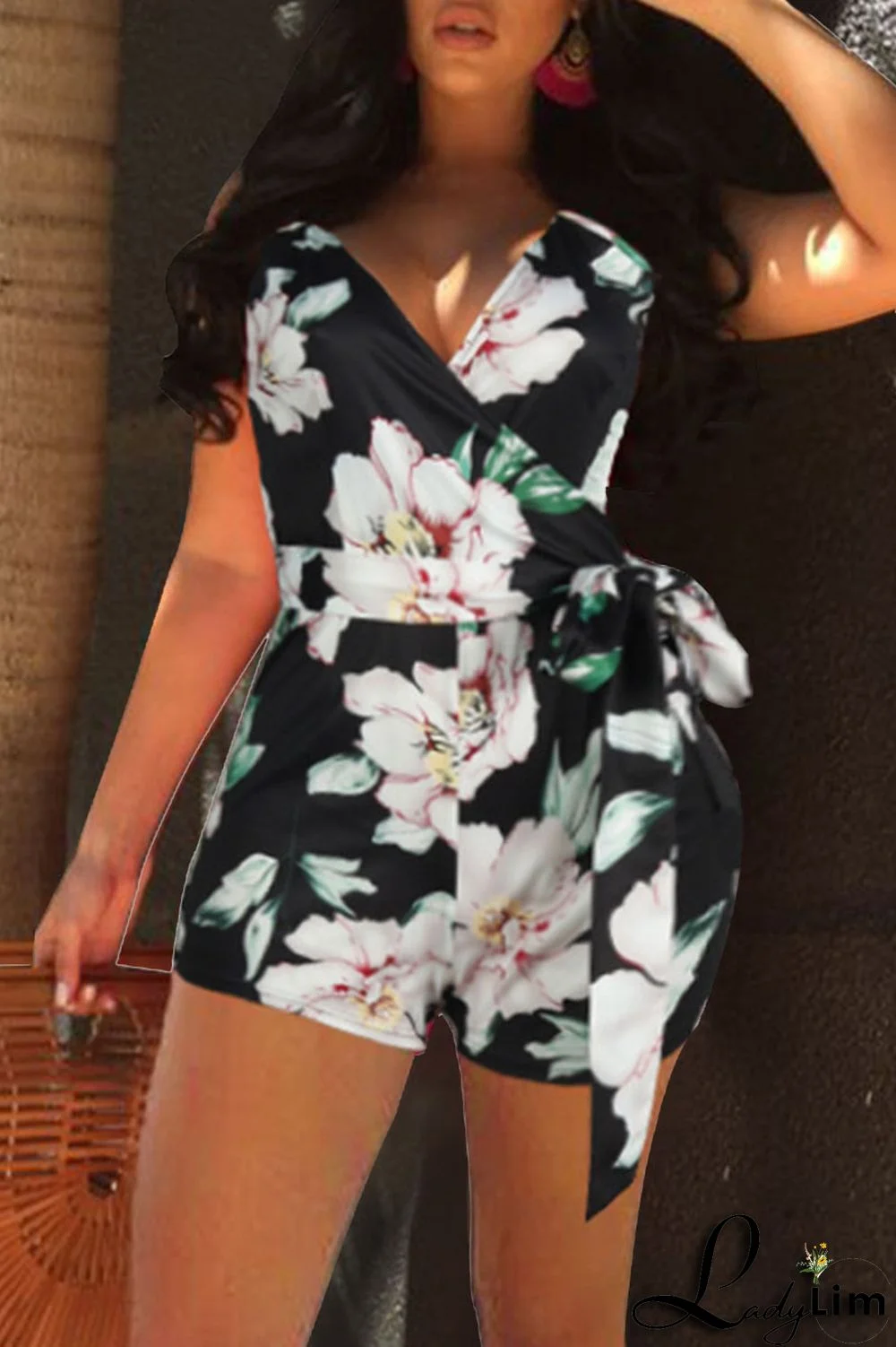 Black White Casual Print Patchwork Backless Regular Jumpsuits