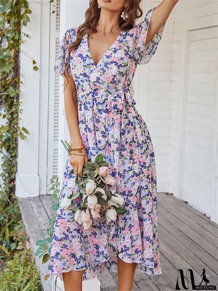 MidiSono - Sexy V-Neck Floral Printed Irregular Hem Dresses