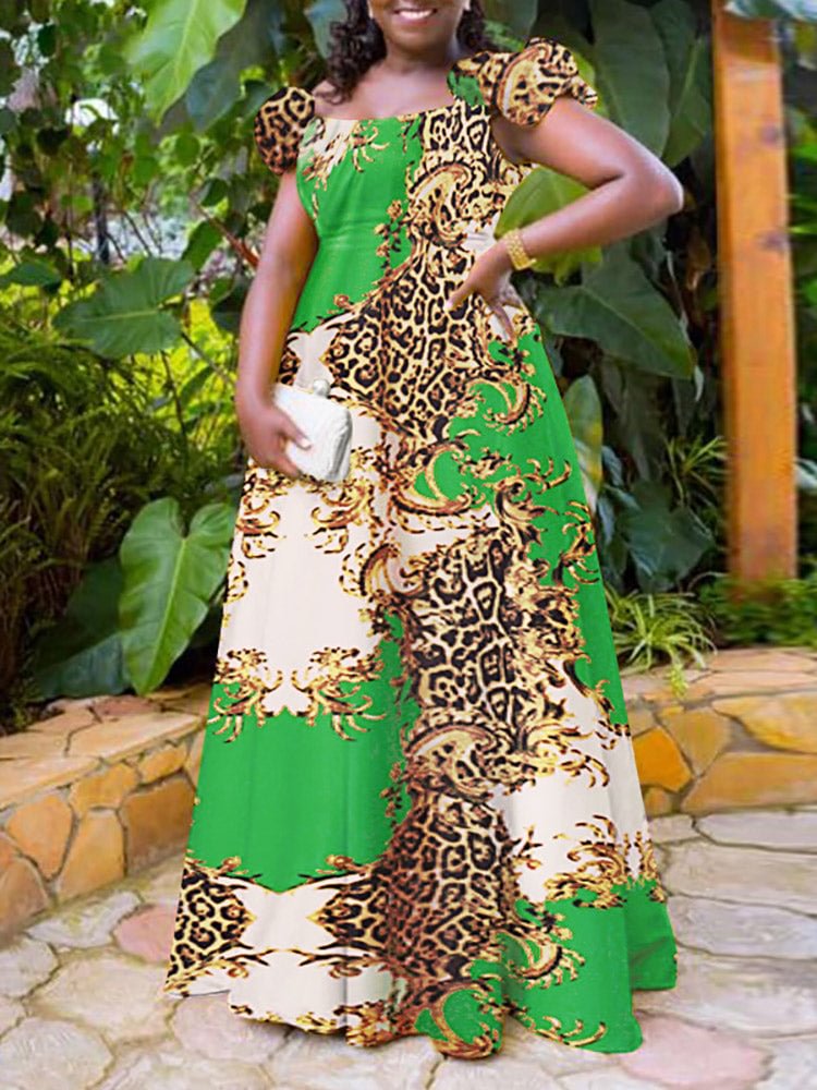 Contrast Leopard High Waist Ruffle Sleeve A-line Maxi Dress SKUJ39989 QueenFunky