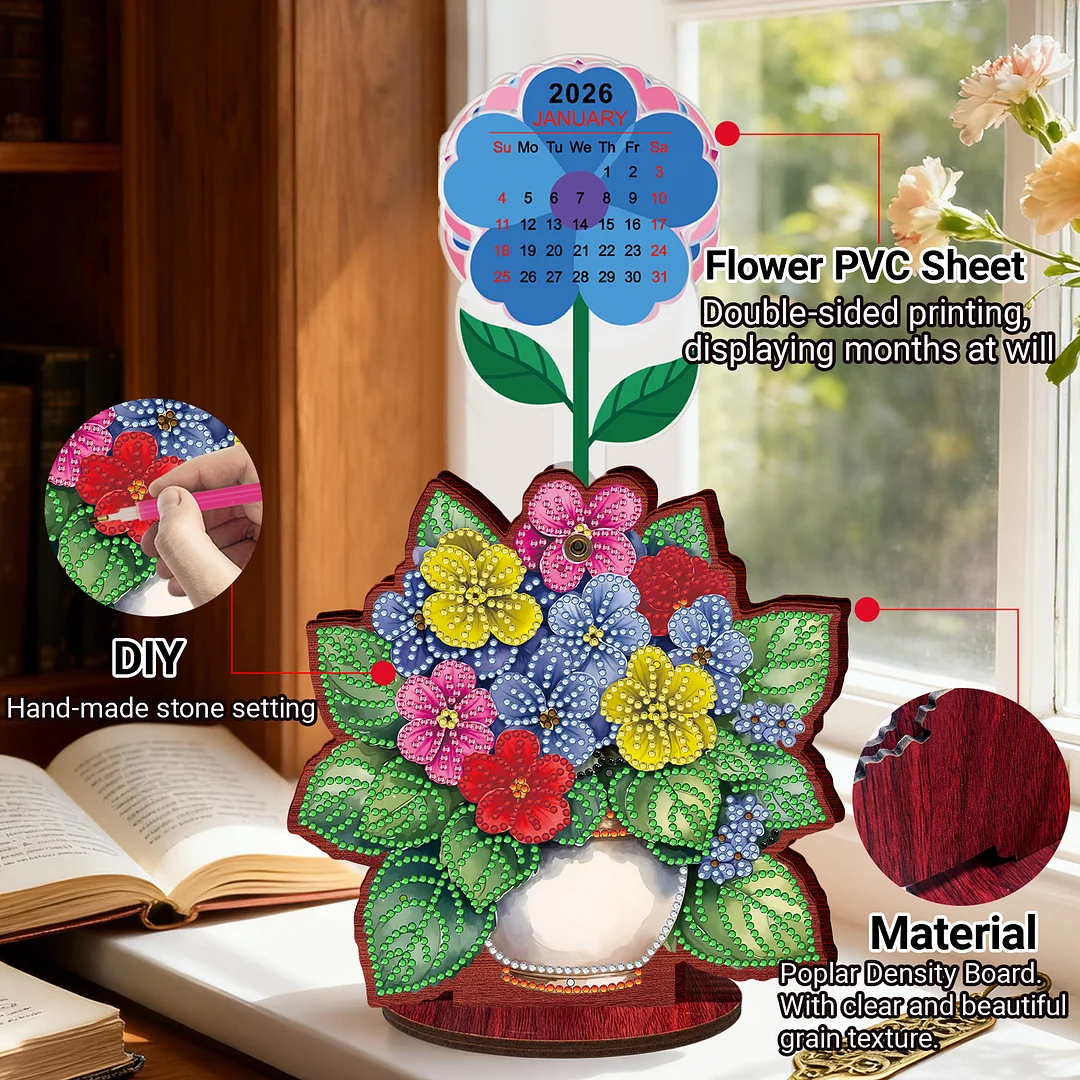 2026 Calendar DIY Diamond Art Kit Flower Pot Wooden Diamond Painting Calendar