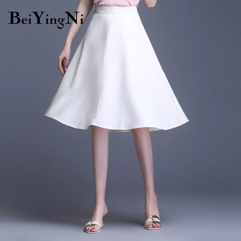 Beiyingni Women's Skirt A-line High Waist Spring Summer Korean Casual Office Ladies Skirts White Black Elegant Solid Color Saias