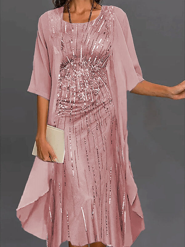 Women's Fashionable Casual Printed 3/4 Sleeve Scoop Neck Chiffon Dress Two-Piece Set Midi Dress
