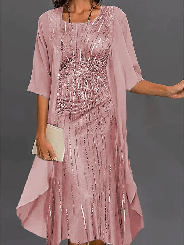 Women plus size clothing [ Pink ] Women's Fashionable Casual Printed 3/4 Sleeve Scoop Neck Chiffon Dress Two-Piece Set Midi Dress-Nordswear