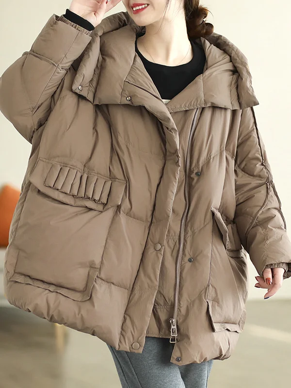 Casual Hooded Buttoned Pure Color Zipper 90% White Duck Down Coat