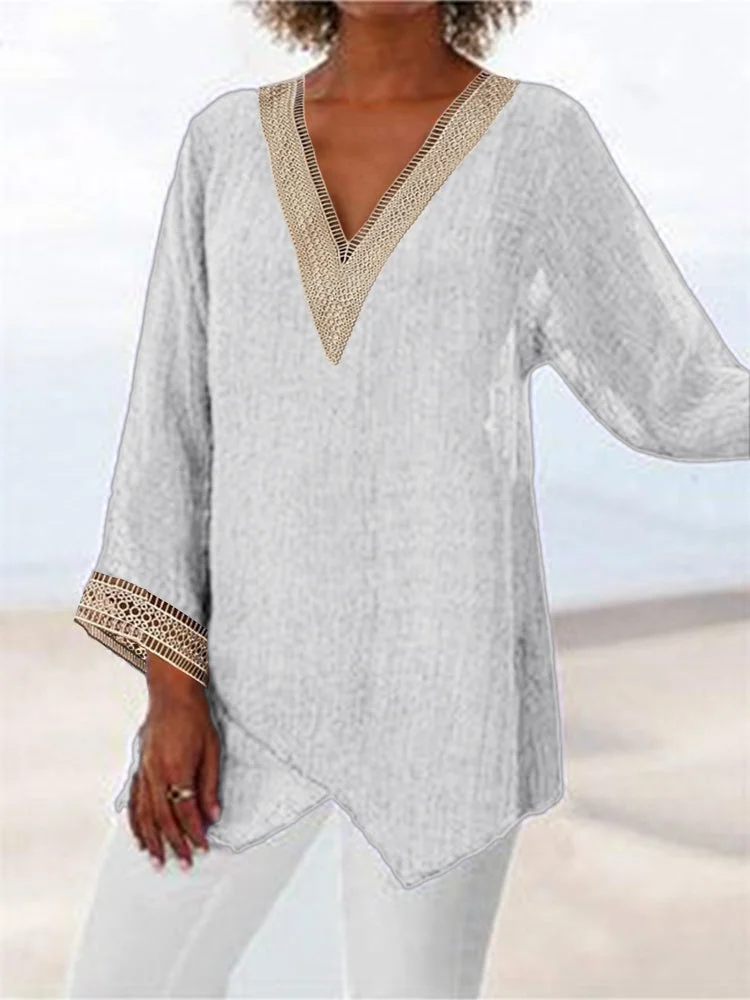 Women's Asymmetrical 3/4 Sleeve V-neck Solid Color Lace Stitching Top