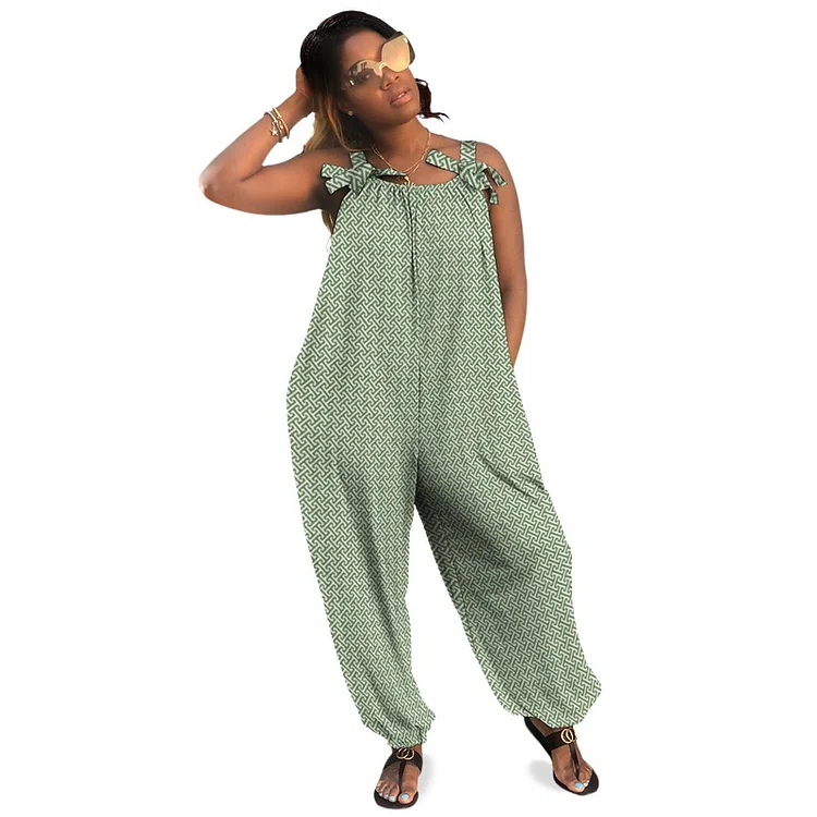 Women Moss Green Greek Key Print Loose Fit Baggy Harem Overall Jumpsuit Tie  Spaghetti Strap Casual