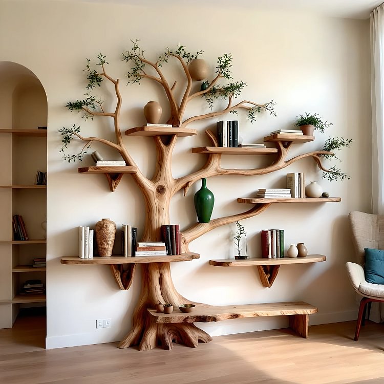 Wooden wall shelf carved with tree branches