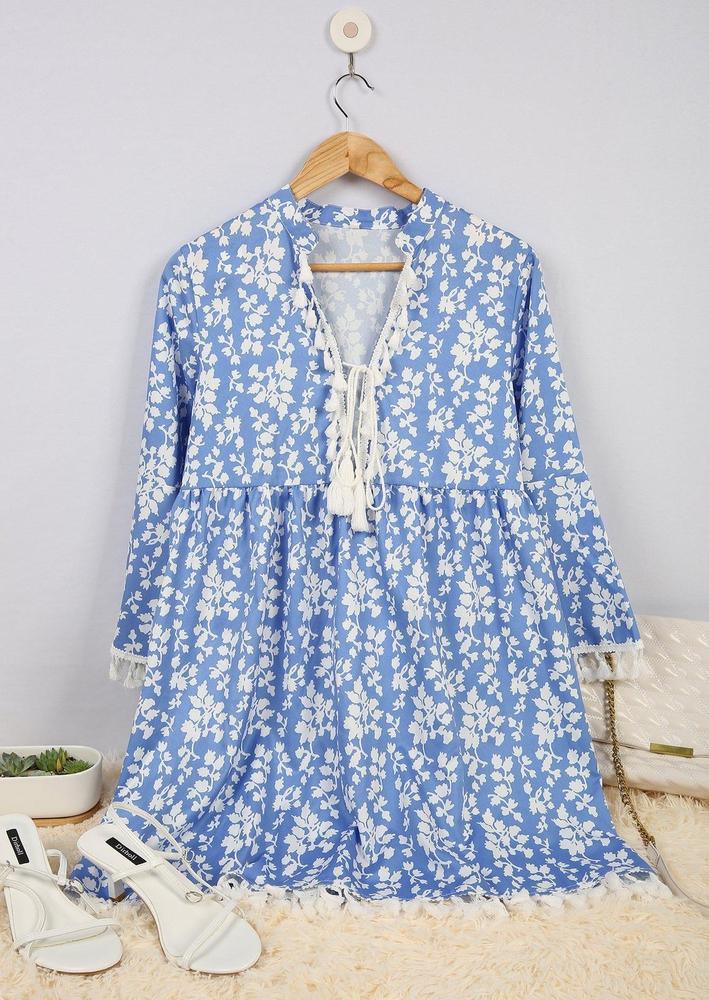 Chic Blue Printed V-Neck Loose Tassel Dress--vocosishoes