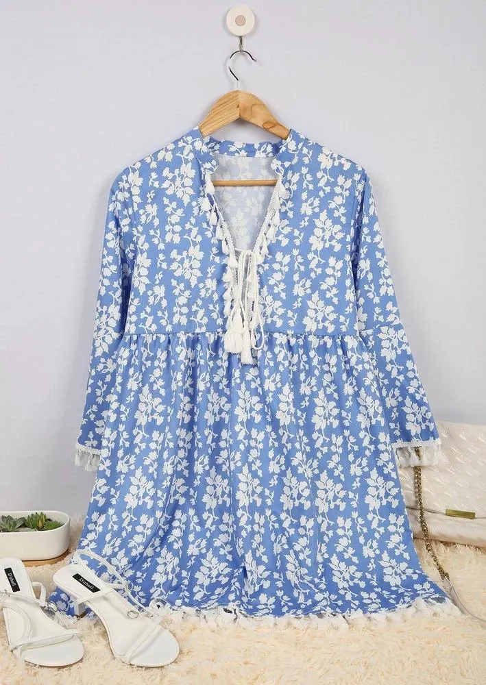 Chic Blue Printed V-Neck Loose Tassel Dress--vocosishoes