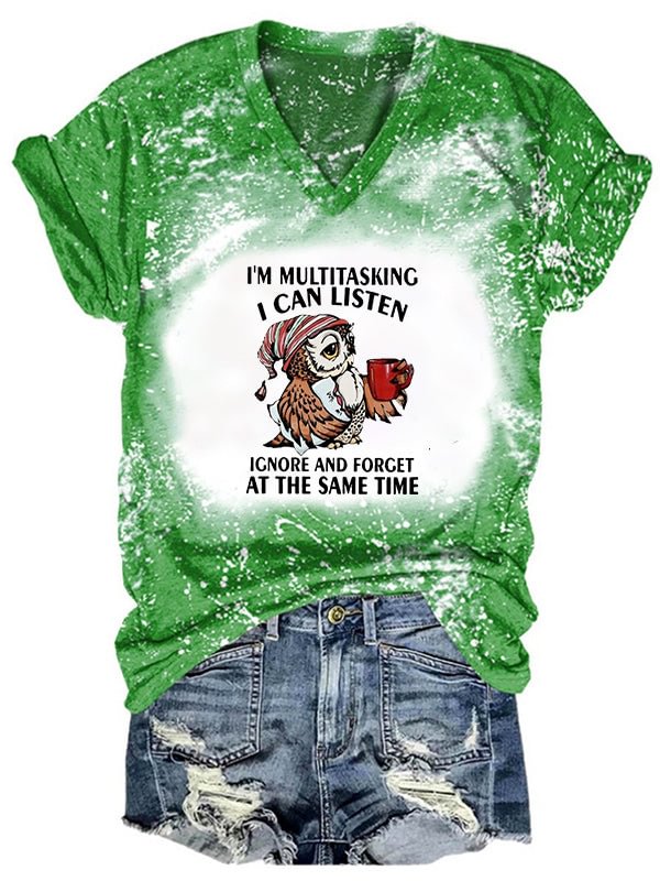 Short Sleeve V Neck Gradient Women's Funny Text Letters Owl I'm Multitasking Crew Neck Letter Printed T-shirt