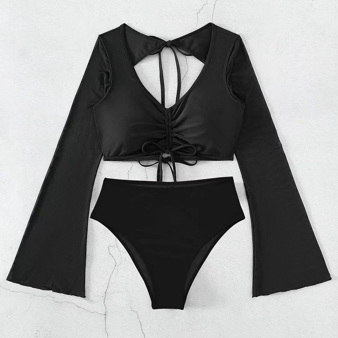 Uveng 2023 New Split-Colored High-Waist Conservative Splicing Yarn Swimsuit Swimsuit