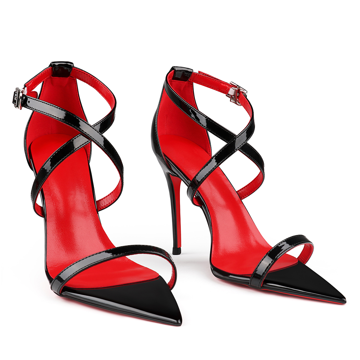 100mm Red Lined Thin Cross Strap Pointed Toe High Heels Red Bottom Party Shoes Sandals-vocosishoes
