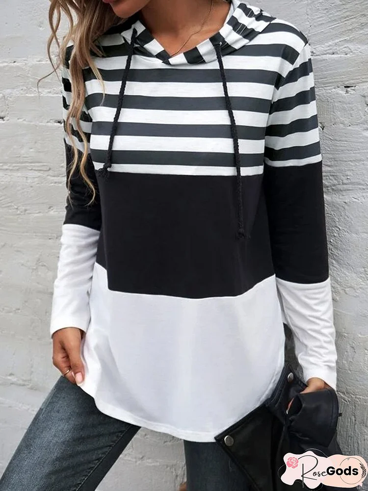 Striped Color Block Drawstring Hooded Loose Sweater Plus Size