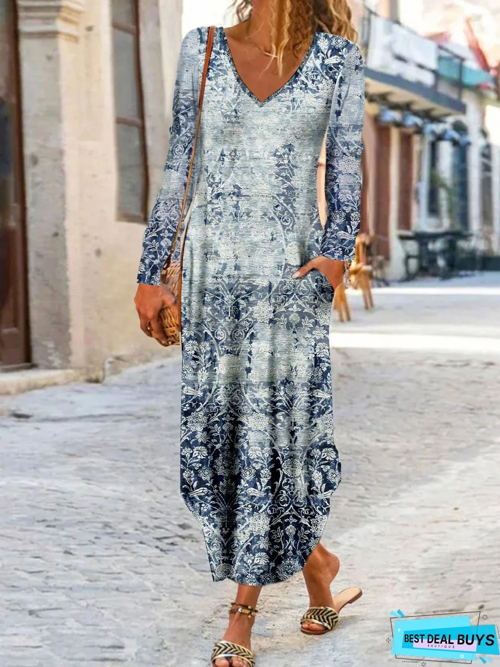 Abstract Geometric Print V-neck Long Sleeve Jersey Long Dress