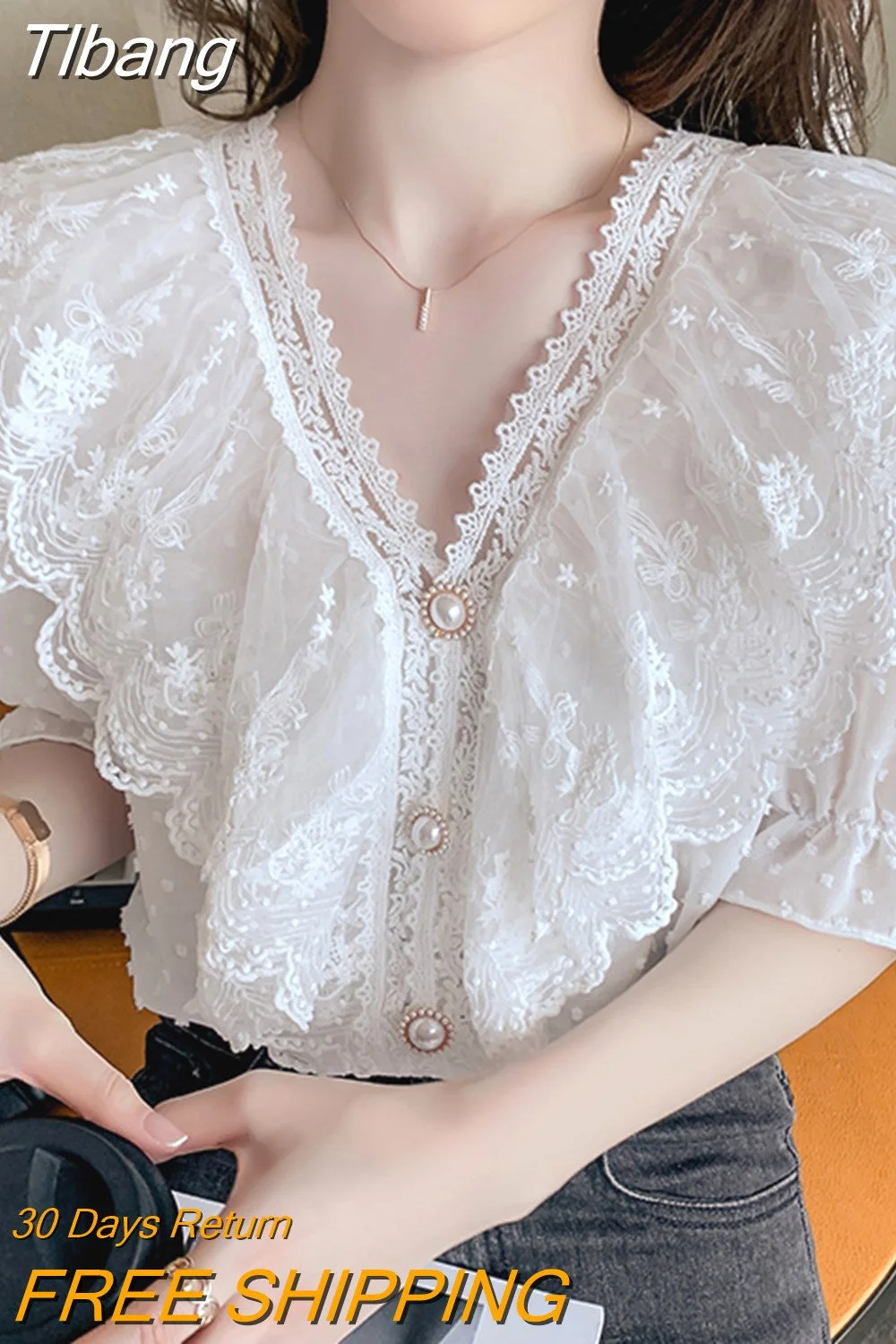 Tlbang Neck Sweet Lace Blouse Women Ruffle Stitching Short Sleeve Chiffon Shirt Summer Korean Fashion Apricot Top Female Blusas 15830