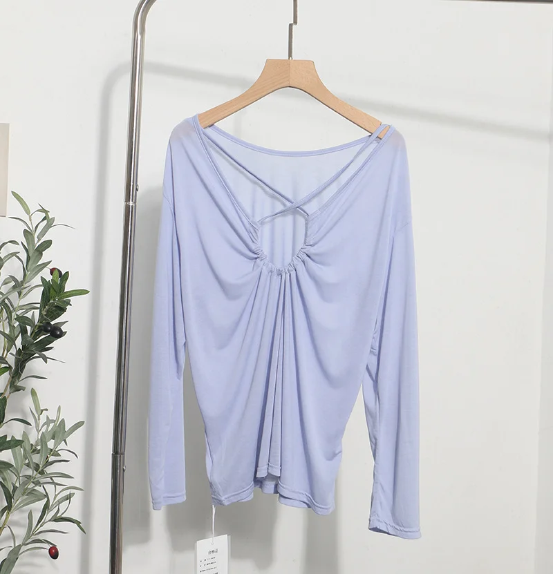 Brownm Real Shot Tiansi Mask Bare Back Long Sleeve Sunscreen Back Cross-Section Thin T-Shirt Shirt Top Woman 85830