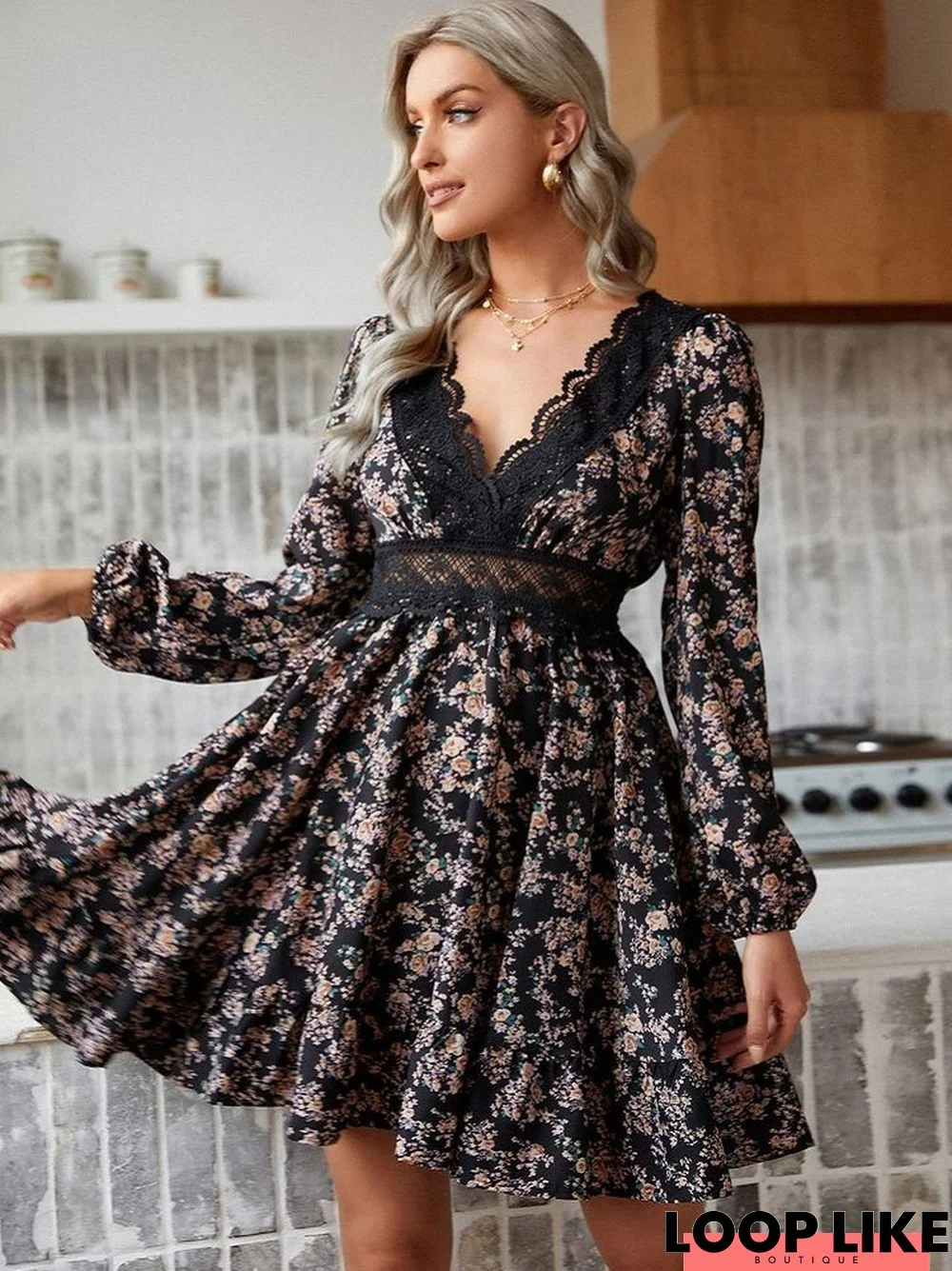 Printed A Line Skirt Temperament Lace Dress Black Dresses