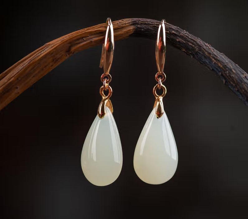 High Standard Huge Saving Hetian white jade long earrings temperament drop earrings simple temperament silver