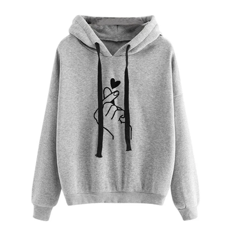 Women Hoodies Fashion Finger Heart Love Pattern Hooded Sweatshirts Autumn Winter Casual Drawstring Long Sleeve Female Pullovers