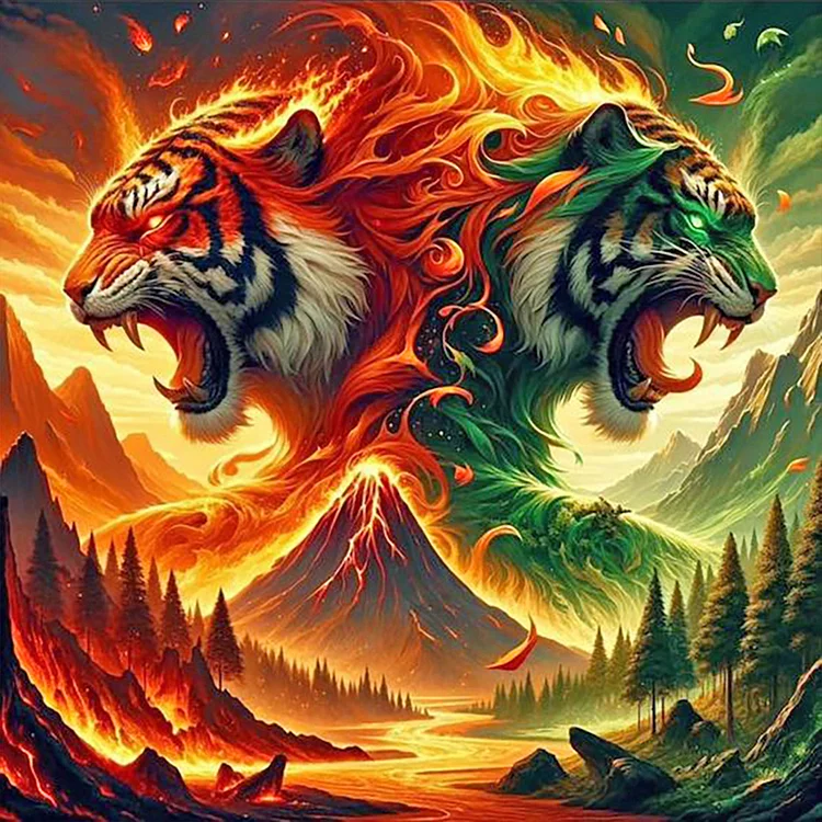 Fire And Forest Tiger 30*30CM (Canvas) Full Round Drill Diamond Painting gbfke