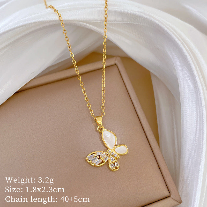 Shell Hollow Butterfly Full Diamond Gorgeous Full Diamond Necklace Women’S Versatile Clavicle Chain Titanium Steel