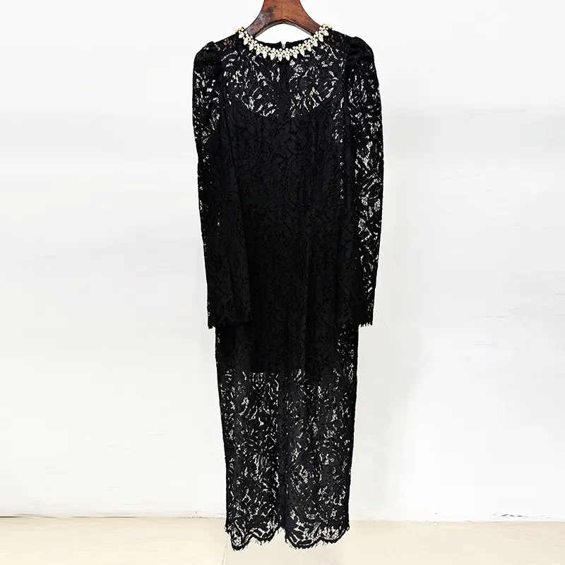 Nigikala Nigikala Spring And Summer New Star Fashion Nails Studded Long Sleeves Of Water-Soluble Lace Dress