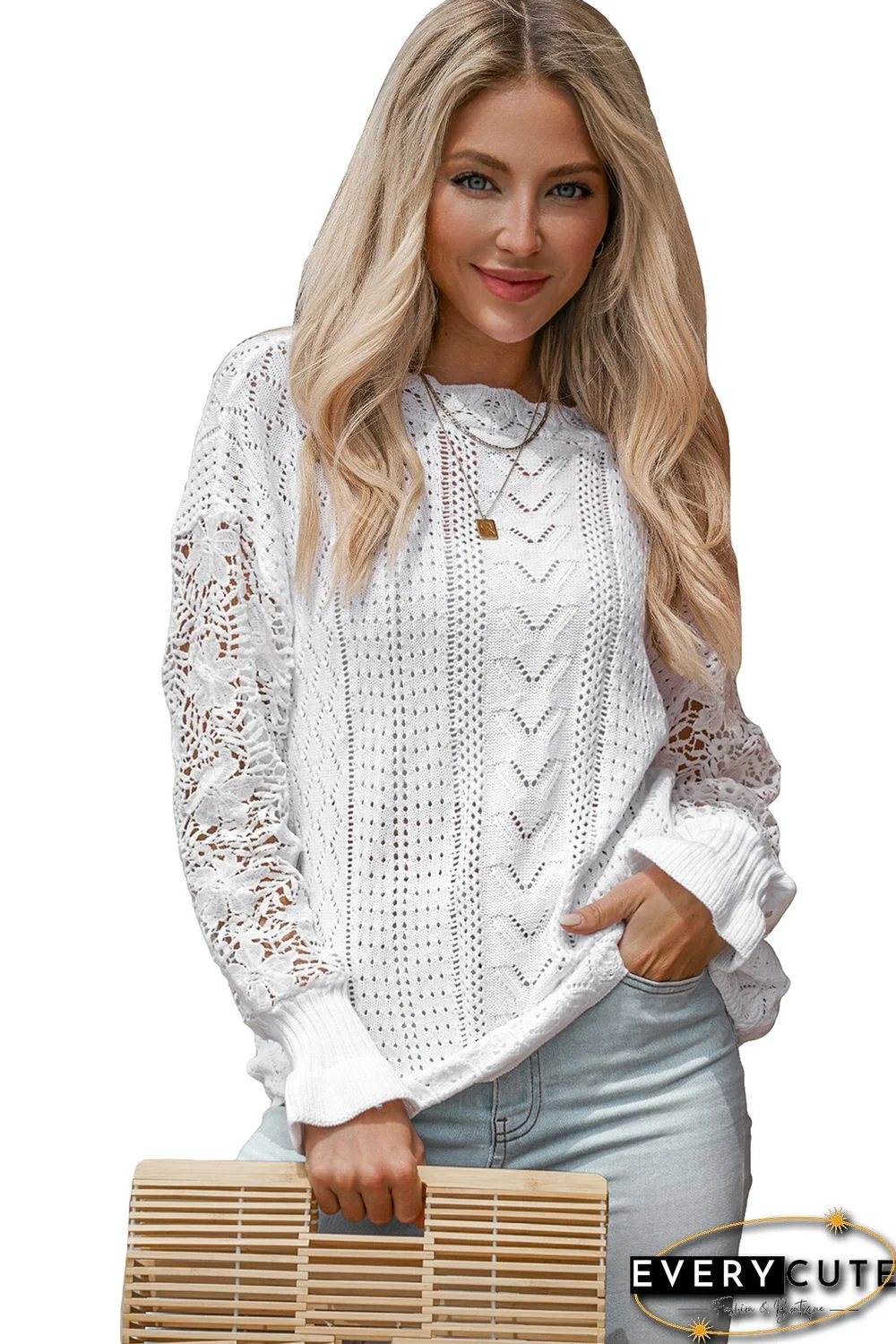 White Crochet Lace Pointelle Knit Sweater