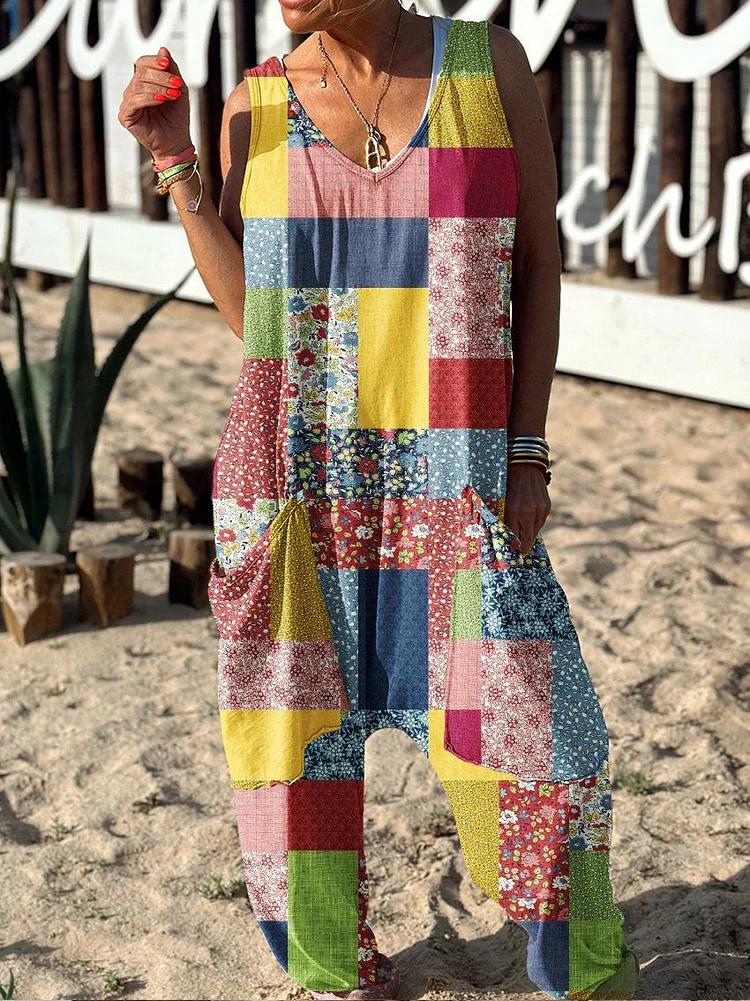 Retro Floral Pattern Hippie Art Print Casual 100% Cotton Wide Leg Jumpsuit