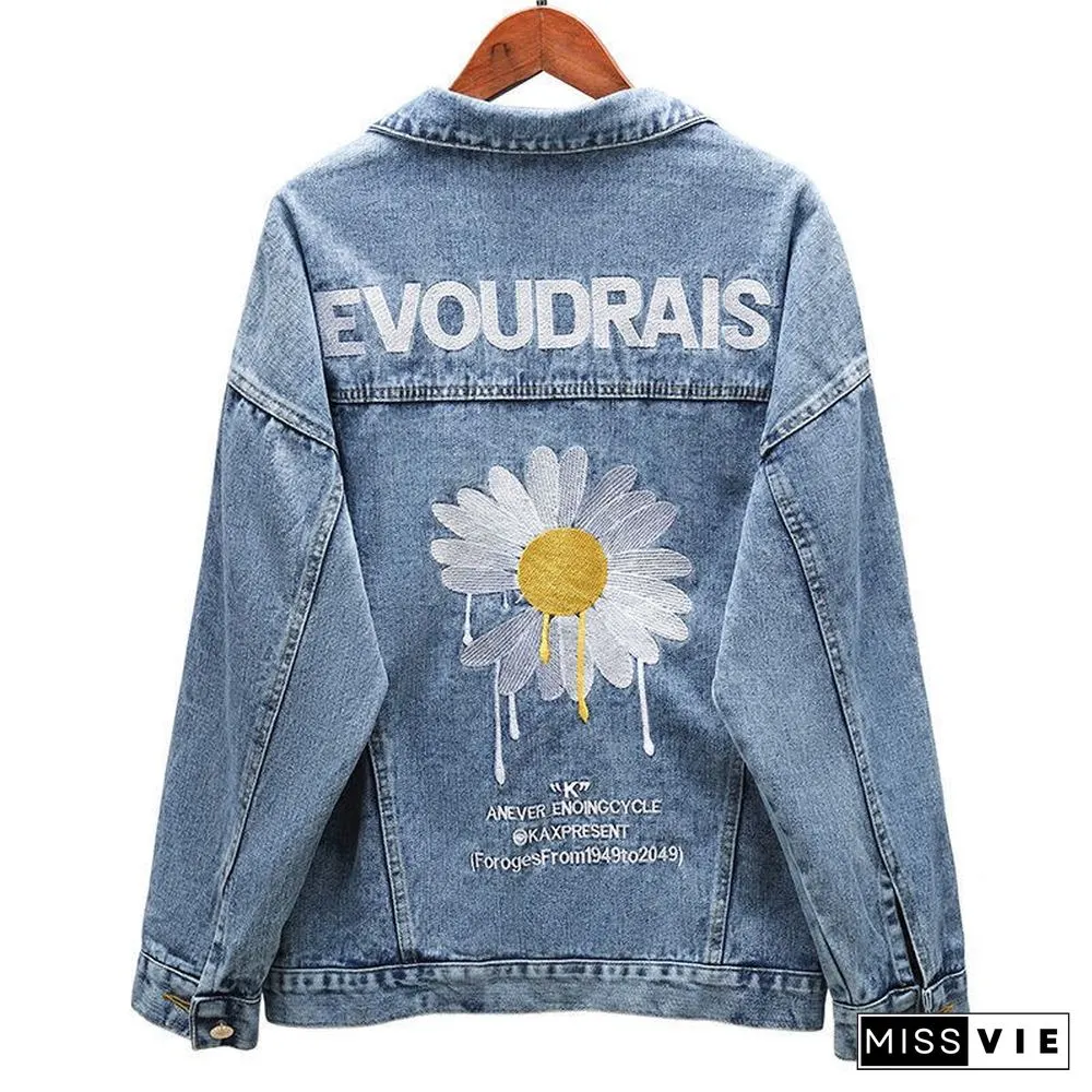 Trendy Brand Womens Jacket New Denim Female Korean Version Loose Embroidery Wild Daisy Top