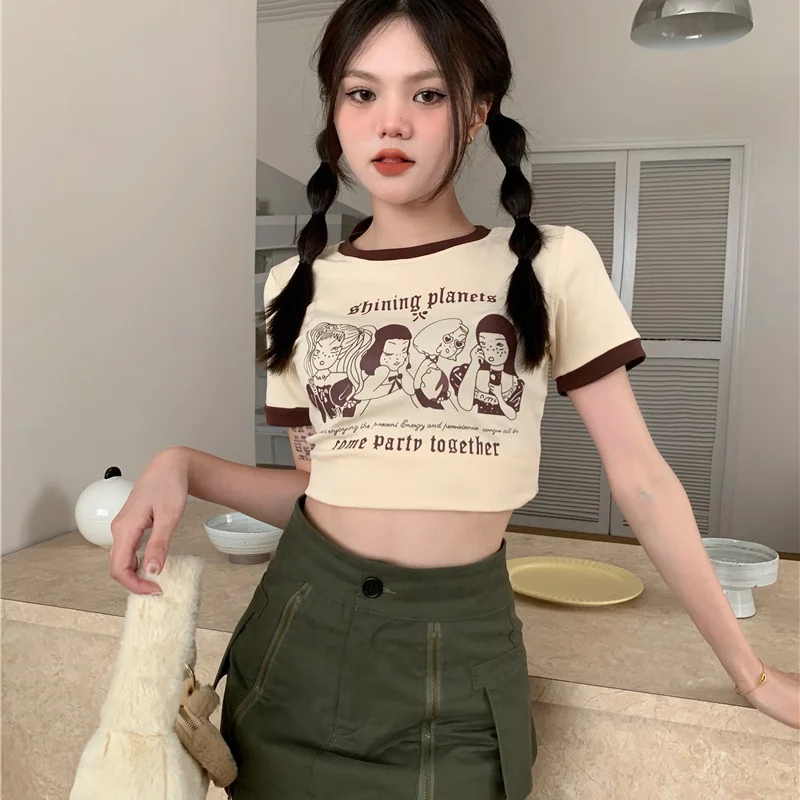 Brownm Brownm Summer Vintage Print T-Shirt Women's Color Round Neck Slim Short Sleeved Top Girl