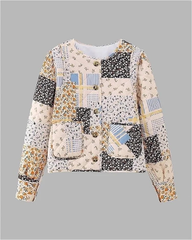 Apricot Blue Small Floral Patchwork Puffer Jacket