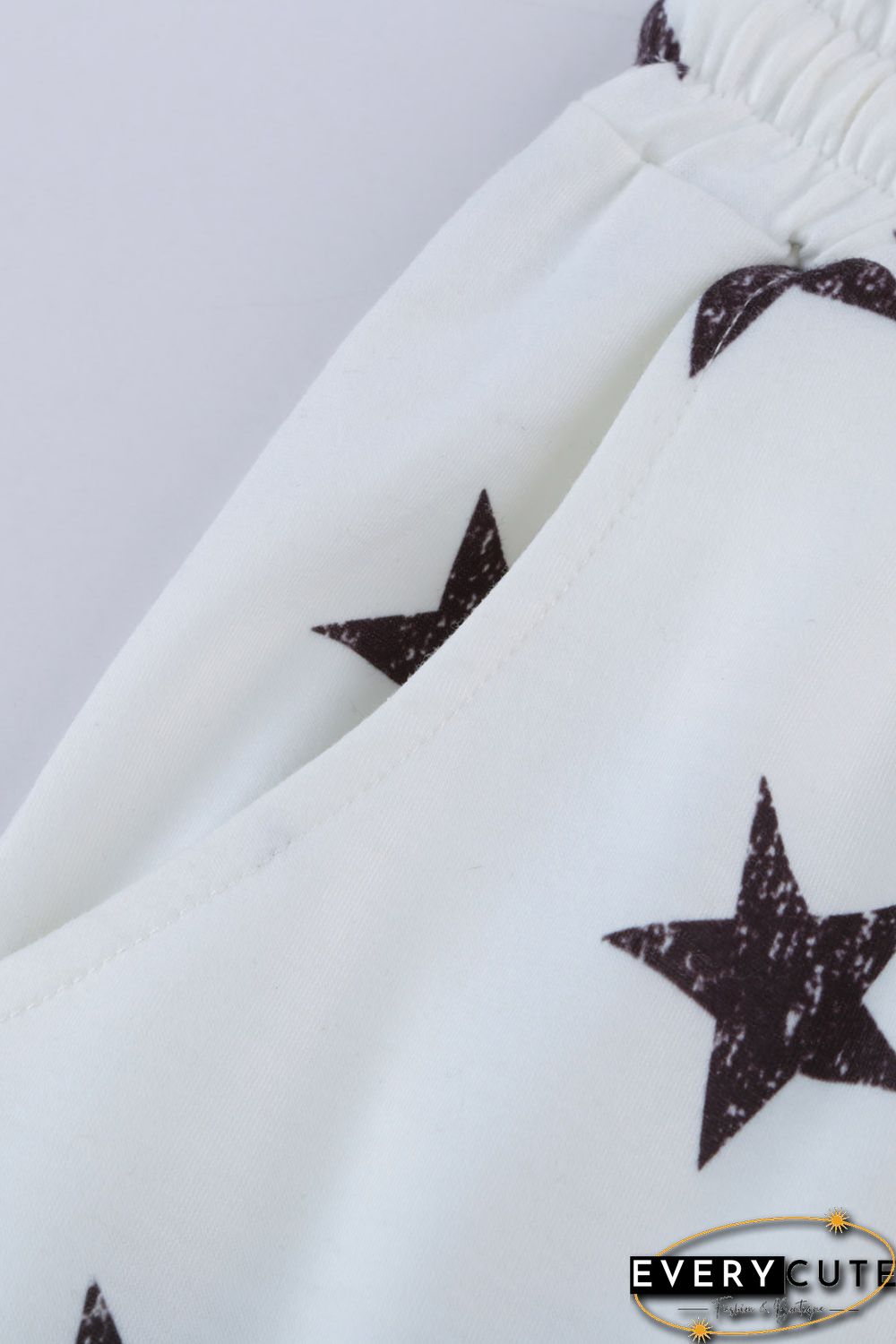White Crew Neck Star Print Drawstring Loungewear Set with Pocket