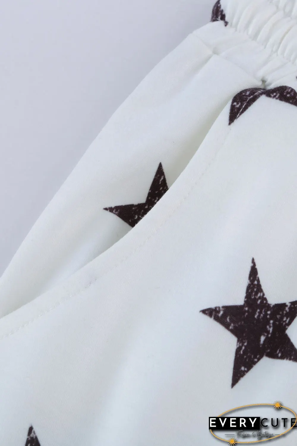 White Crew Neck Star Print Drawstring Loungewear Set with Pocket