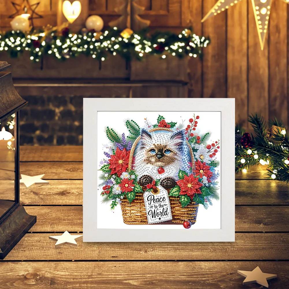 5D DIY Partial Special Shaped Drill Diamond Painting Xmas Siamese Cat 22.8x22.8cm【With Frame】
