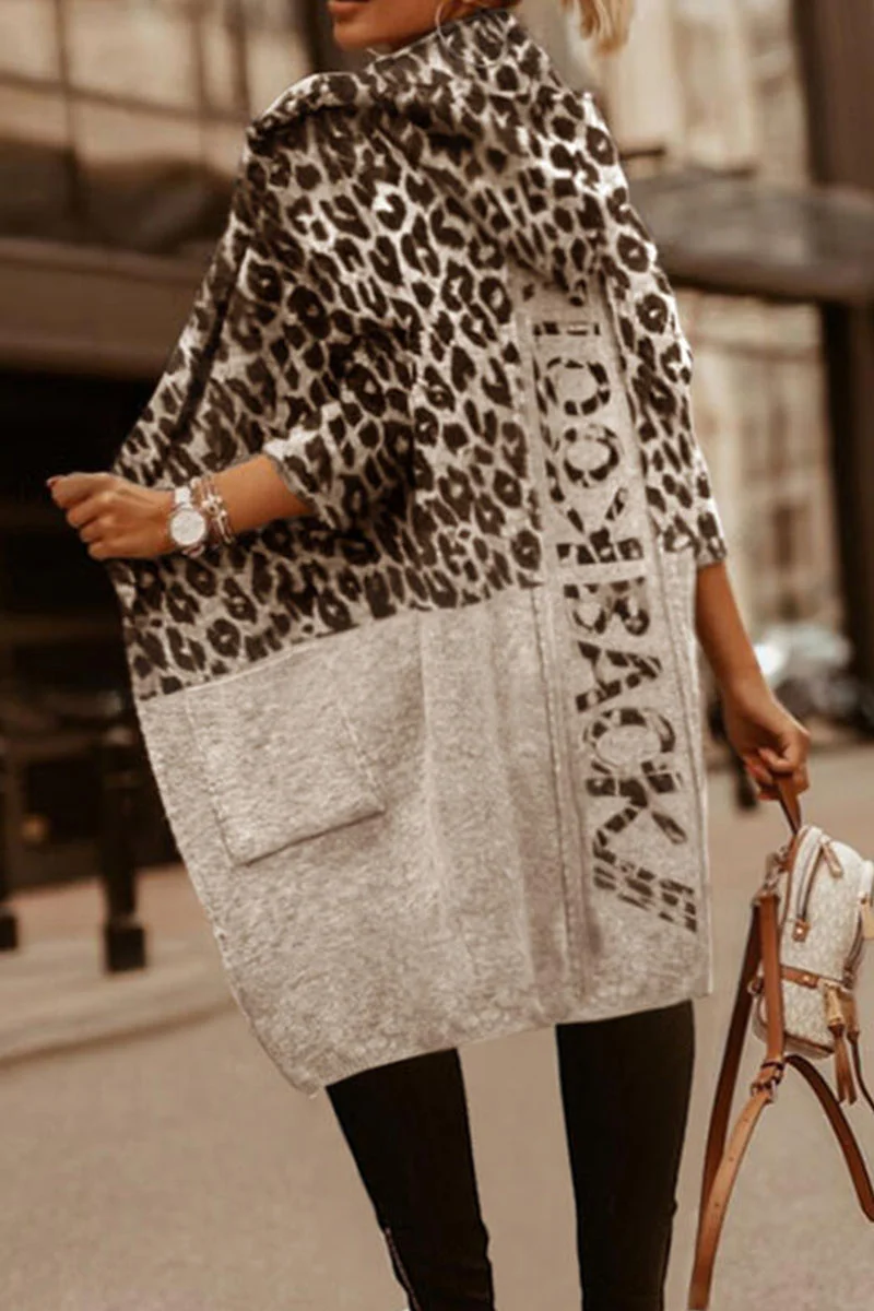 Light Gray Street Print Leopard Patchwork Hooded Collar Outerwear | EGEMISS