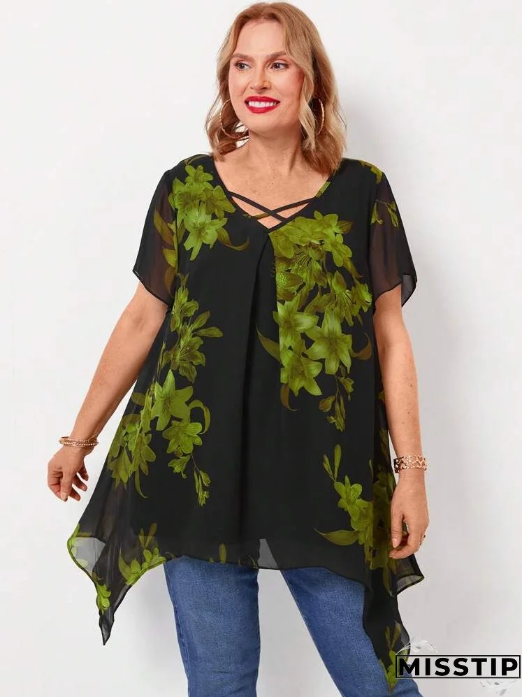 Plus Size Women Summer Cross Neck Florals Print Ruffled Short Sleeve Loose Elegant Blouse