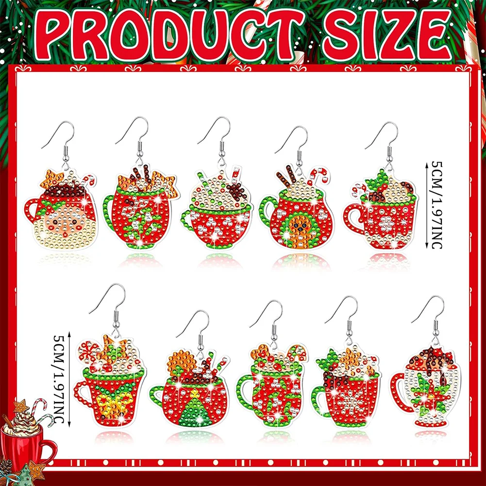 9 Pairs Christmas Cup Double Sided Diamond Painting Earrings Dangle Drop Diamond Art Earring Kit