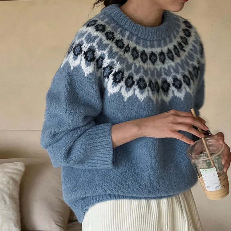 Women's Tribal Aztec Crew Neck Knitted Sweater Pullover