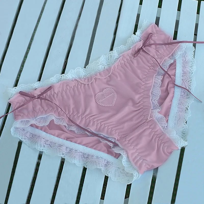 Billionm Desire Japanese Love Lace Underwear Girl Pure Cotton File Cute Sexy Ribbon Mid-waist Briefs Lolita Bow New Breathable Nylon