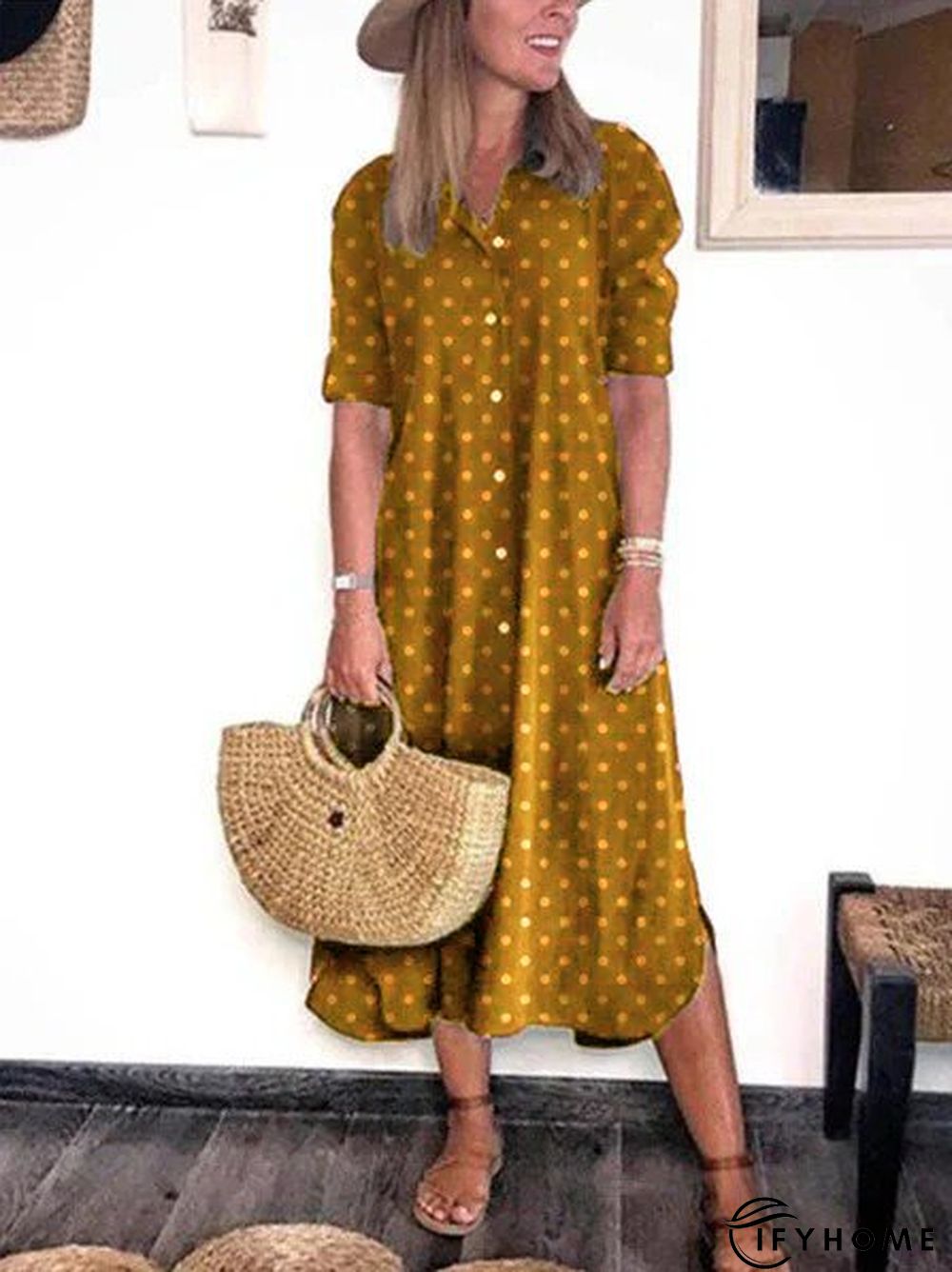 zolucky Casual Polka Dots Turn-Down Collar Buttoned Long Sleeve Dress | IFYHOME