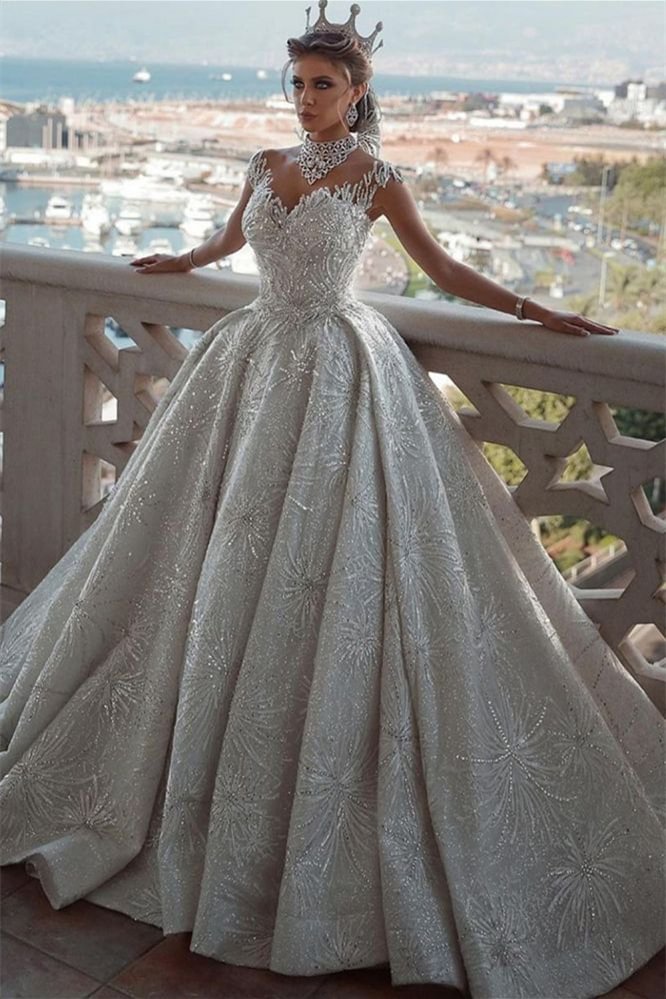 Glamorous Cap Sleeves Wedding Dress Ball Gown With Beadings | Ballbellas Ballbellas