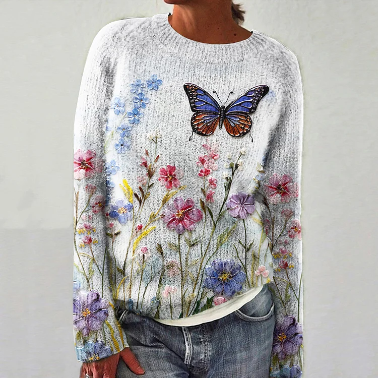 Women's Floral And Butterfly Sweater