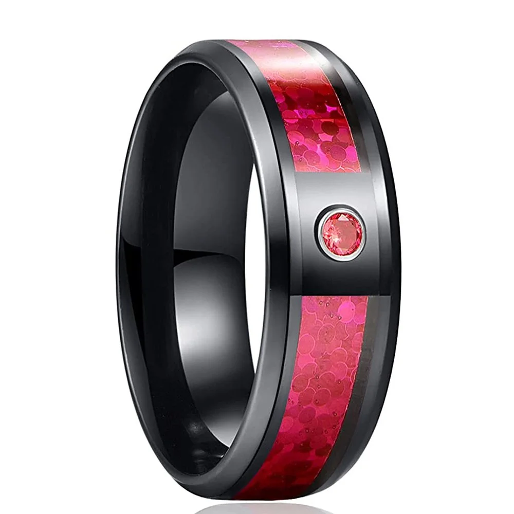 6MM 8MM Blue Purple Red Created Opal and Cubic Zirconia Inlay Black Tungsten Carbide Men's Wedding Bands