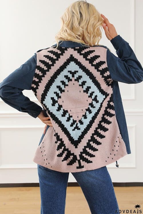 Geometric Button Up Drawstring Collared Neck Jacket