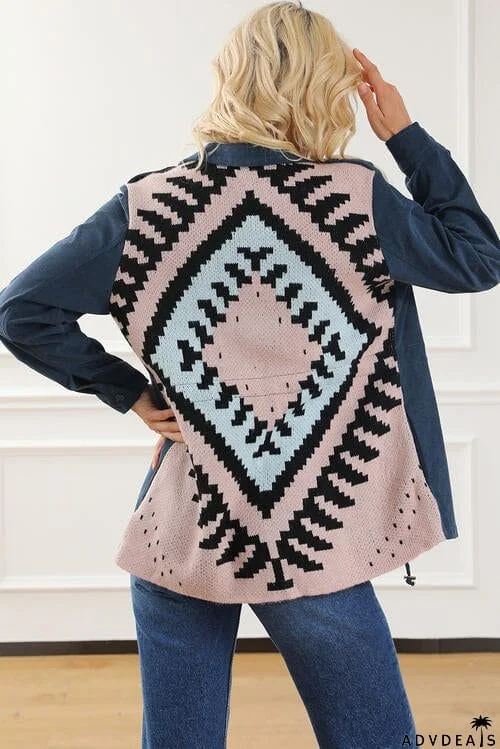 Geometric Button Up Drawstring Collared Neck Jacket