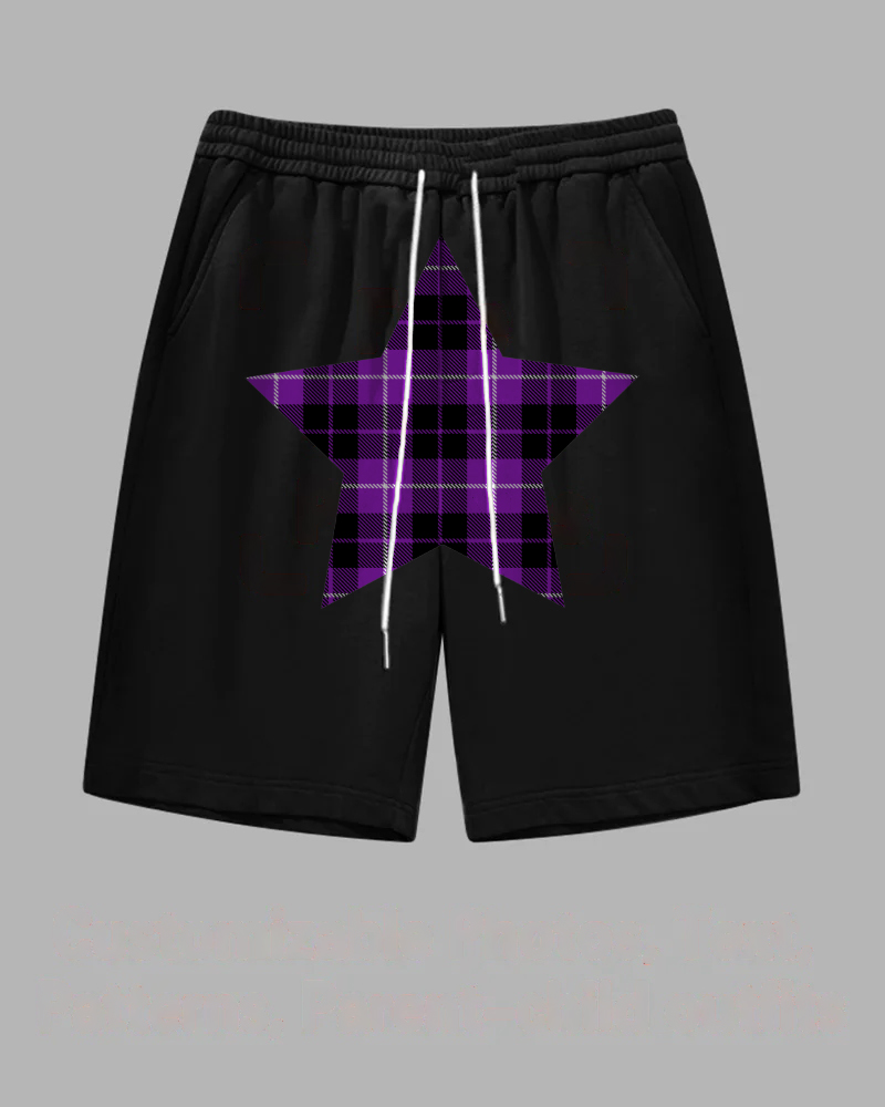 Big and Tall Guys Black Purple Plaid Star Print Shorts