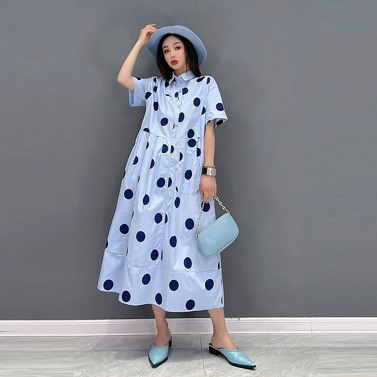 Casual Loose Dot Printed Short Sleeve Shirt Dress 